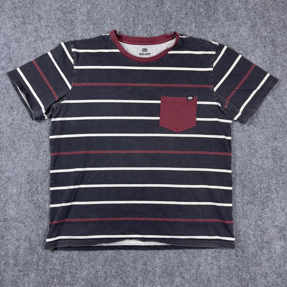Y2K Ecko Unltd Pocket T-Shirt Mens XL Gray Burgundy Striped Short Sleeve Tee‎